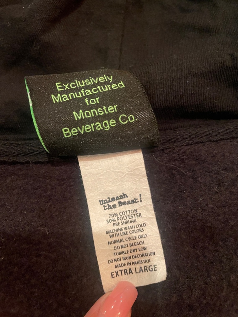 Brand New Monster Energy Black Zip Up Hoodie with Green Logo, Size XL - Picture 6 of 6